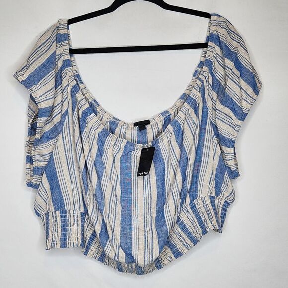 5X 28W Torrid Blue Stripe Linen Blend Smocked Waist Off Shoulder Crop Top Puff - Picture 3 of 7